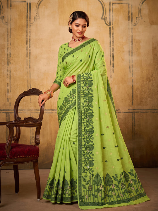 Light Green Cotton Saree With Blouse Piece