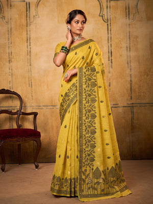 Yellow Cotton Saree With Blouse Piece
