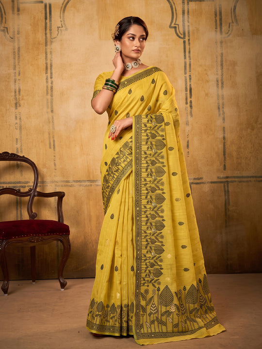 Yellow Cotton Saree With Blouse Piece