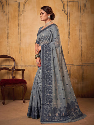 Dark Gray Cotton Saree With Blouse Piece
