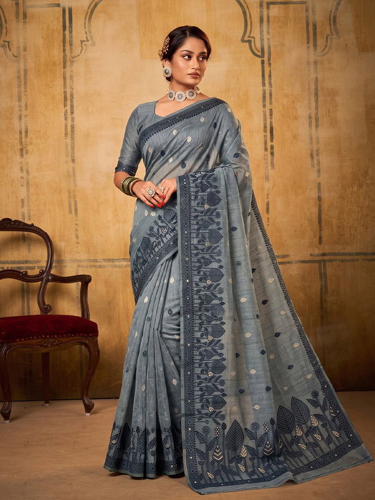 Dark Gray Cotton Saree With Blouse Piece