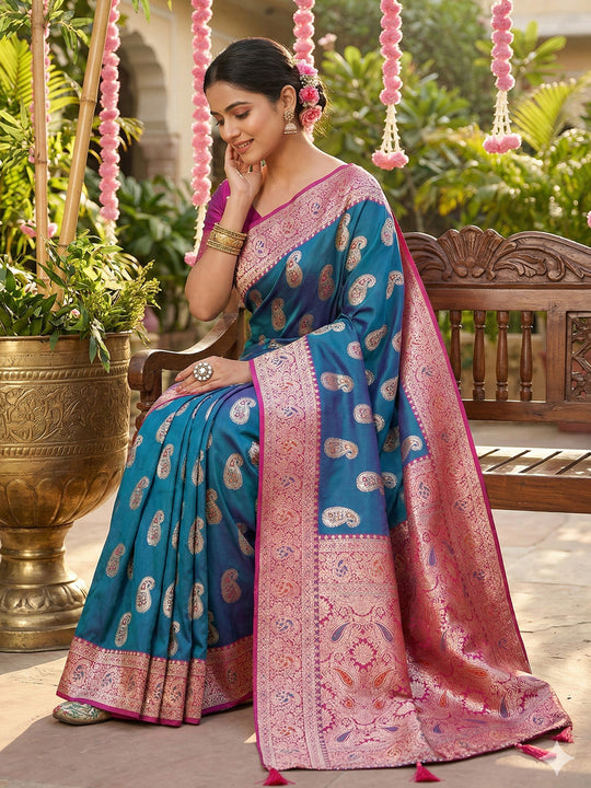 Sky Blue Silk Blend Saree With Blouse Piece