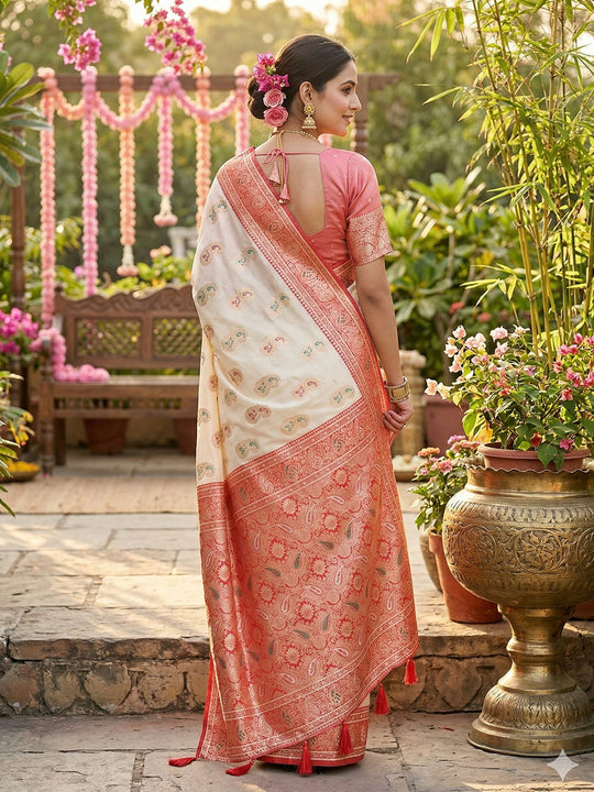White Silk Blend Saree With Blouse Piece