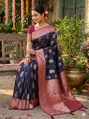 Navy Blue Silk Blend Saree With Blouse Piece