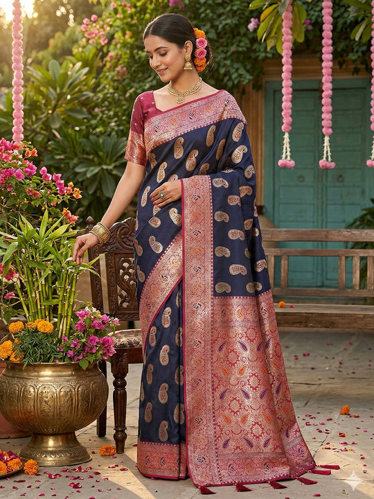 Navy Blue Silk Blend Saree With Blouse Piece