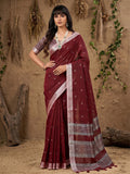 Maroon Linen Cotton Saree With Blouse Piece