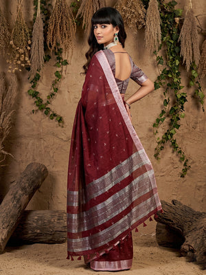 Maroon Linen Cotton Saree With Blouse Piece