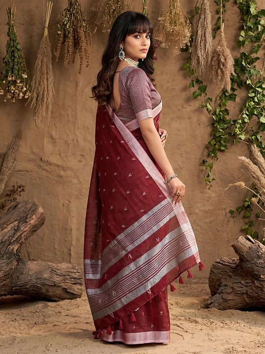Maroon Linen Cotton Saree With Blouse Piece