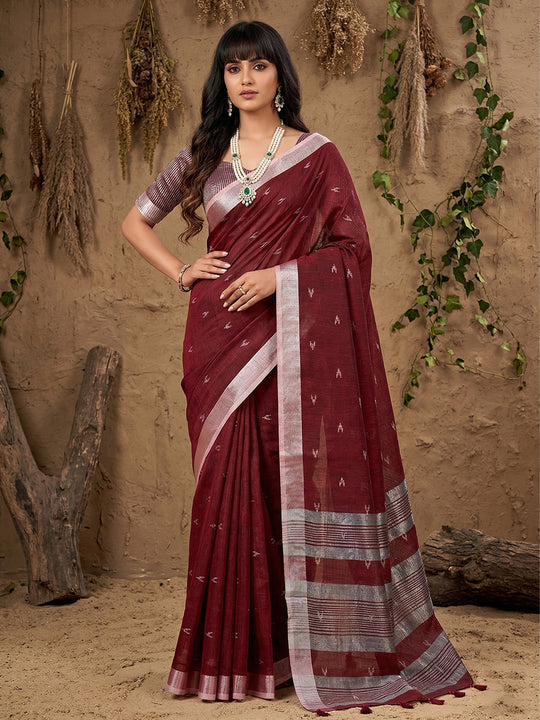 Maroon Linen Cotton Saree With Blouse Piece