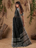Black Linen Cotton Saree With Blouse Piece