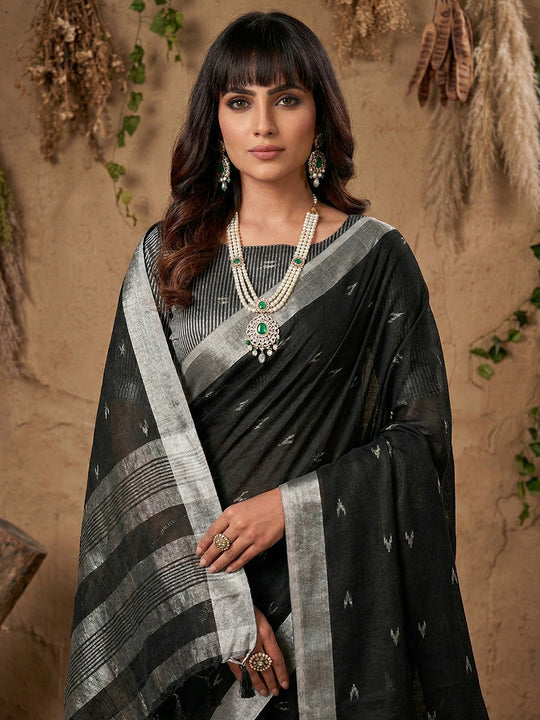 Black Linen Cotton Saree With Blouse Piece