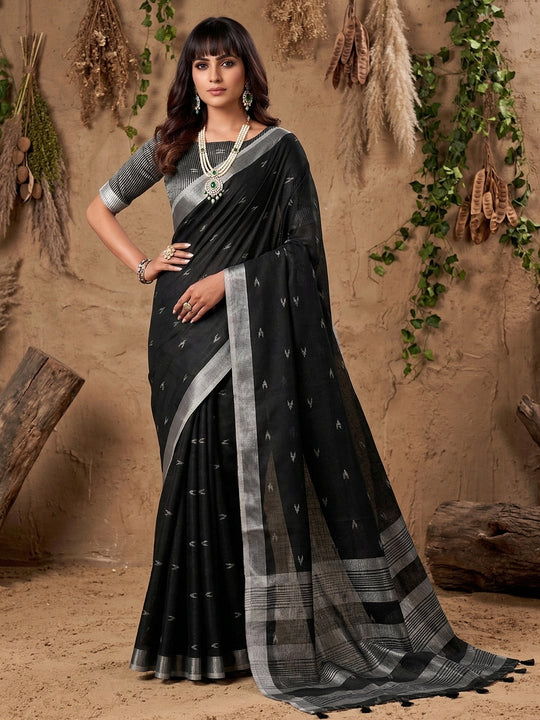 Black Linen Cotton Saree With Blouse Piece