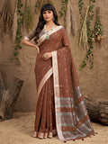 Brown Linen Cotton Saree With Blouse Piece