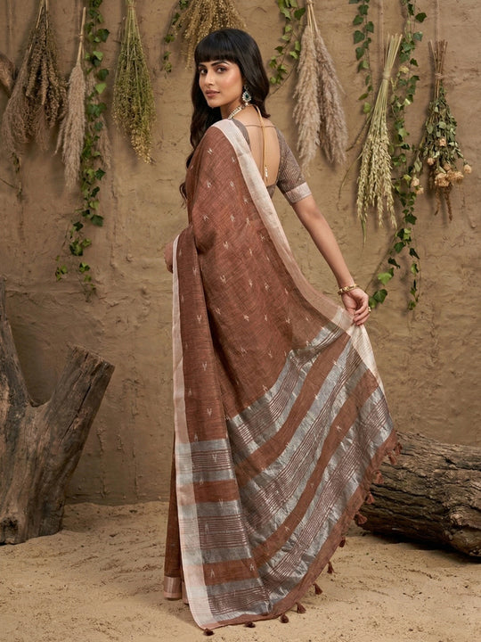 Brown Linen Cotton Saree With Blouse Piece