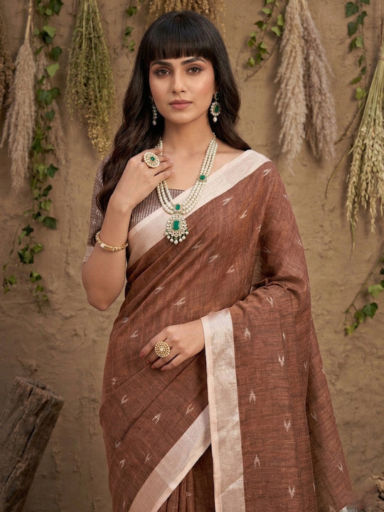 Brown Linen Cotton Saree With Blouse Piece