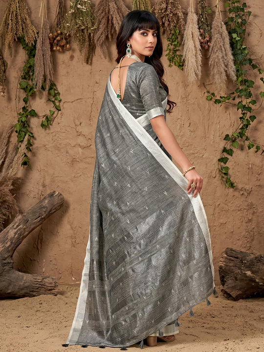 Gray Linen Cotton Saree With Blouse Piece