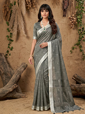 Gray Linen Cotton Saree With Blouse Piece