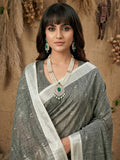 Gray Linen Cotton Saree With Blouse Piece