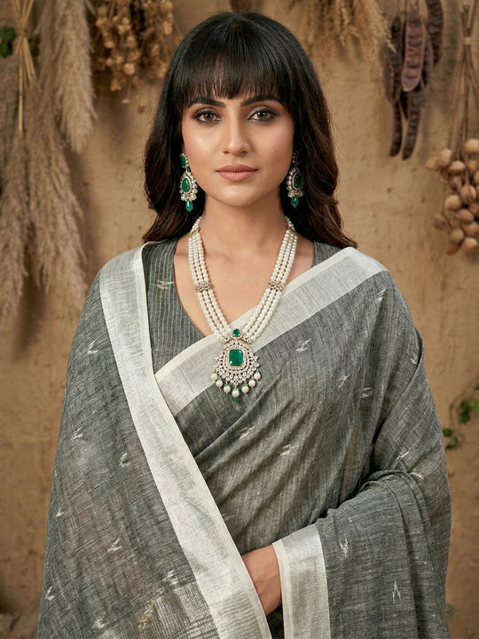 Gray Linen Cotton Saree With Blouse Piece