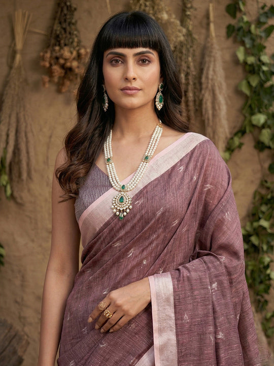 Purple Linen Cotton Saree With Blouse Piece