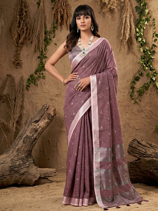 Purple Linen Cotton Saree With Blouse Piece