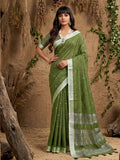 Green Linen Cotton Saree With Blouse Piece