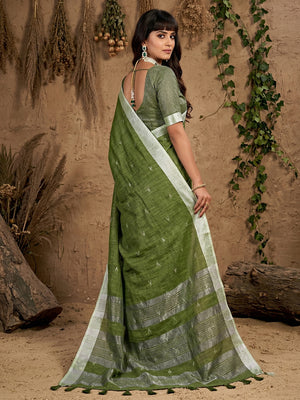 Green Linen Cotton Saree With Blouse Piece