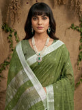 Green Linen Cotton Saree With Blouse Piece