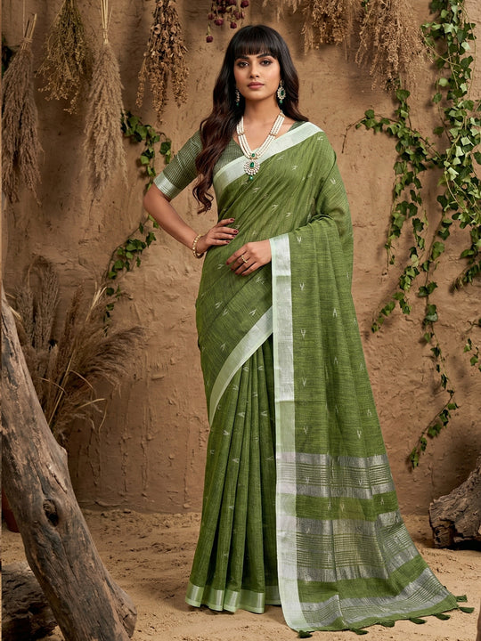 Green Linen Cotton Saree With Blouse Piece