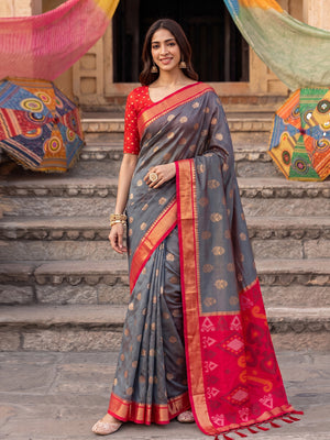 Gray Soft Silk Saree With Blouse Piece