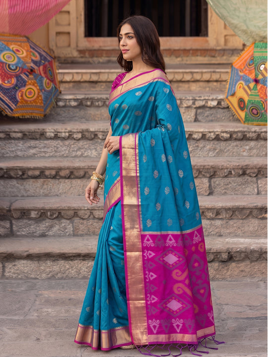 Rama Blue Soft Silk Saree With Blouse Piece