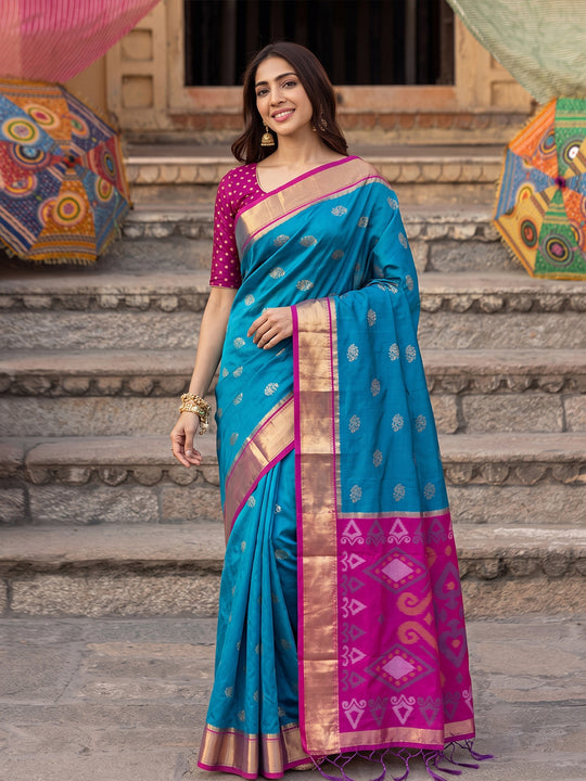 Rama Blue Soft Silk Saree With Blouse Piece