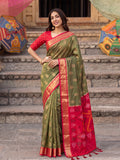 Mehandi Soft Silk Saree With Blouse Piece