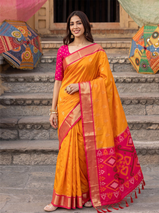 Orange Yellow Soft Silk Saree With Blouse Piece