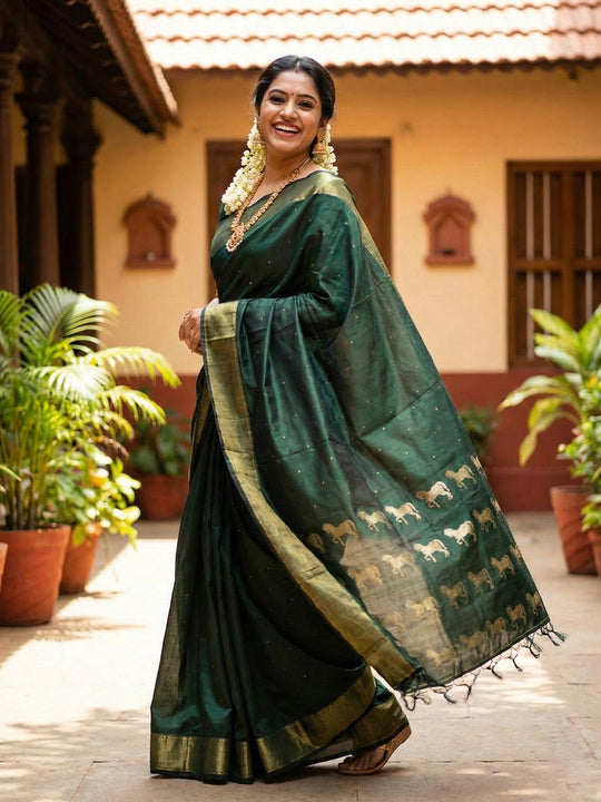 Bottle Green Soft Silk Saree With Blouse Piece