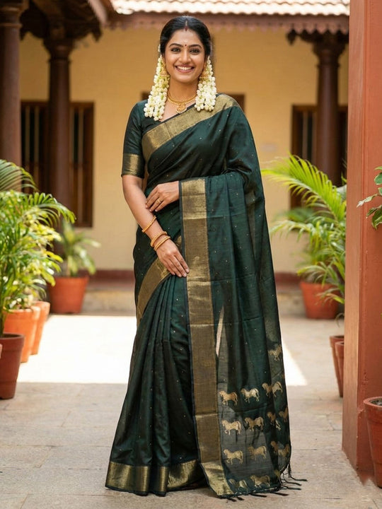 Bottle Green Soft Silk Saree With Blouse Piece