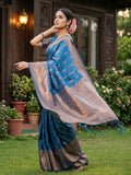 Blue Silk Blend Saree With Blouse Piece