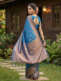 Blue Silk Blend Saree With Blouse Piece