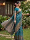 Rama Blue Silk Blend Saree With Blouse Piece