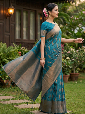 Rama Blue Silk Blend Saree With Blouse Piece