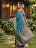 Rama Blue Silk Blend Saree With Blouse Piece