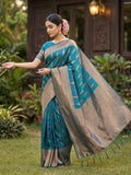 Rama Blue Silk Blend Saree With Blouse Piece