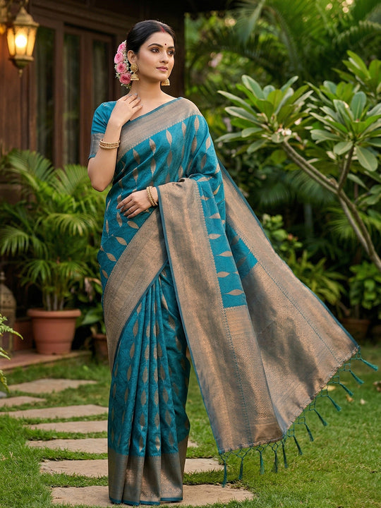 Rama Blue Silk Blend Saree With Blouse Piece