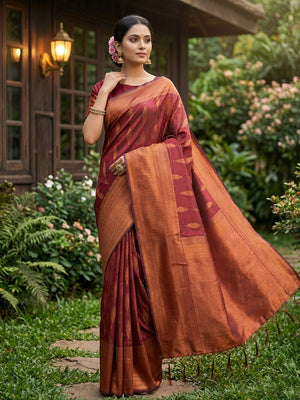 Maroon Silk Blend Saree With Blouse Piece