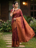 Maroon Silk Blend Saree With Blouse Piece