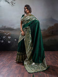Dark Green Silk Blend Saree With Blouse Piece