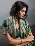 Dark Green Silk Blend Saree With Blouse Piece