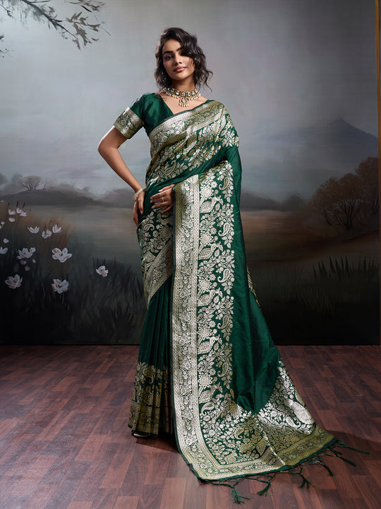 Dark Green Silk Blend Saree With Blouse Piece