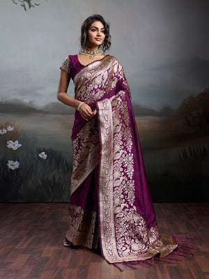 Wine Silk Blend Saree With Blouse Piece