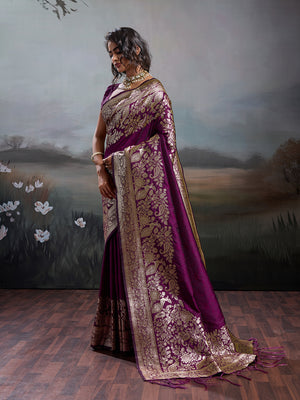 Wine Silk Blend Saree With Blouse Piece